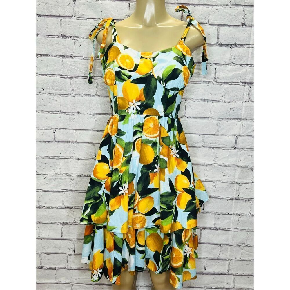 Rachel Parcell Womens Multicolor Tiered Lemon Smocked Fit & Flare Dress Medium